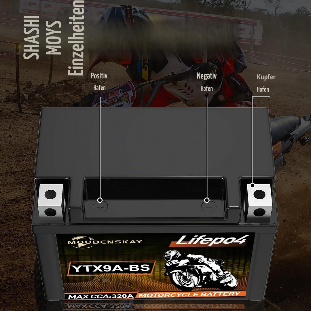 Lithium MotorradBatterie 12V Lithium Powersports Batterie mit BMS(YTX9A-BS 12.8V 4Ah 320CCA) LiFePO4