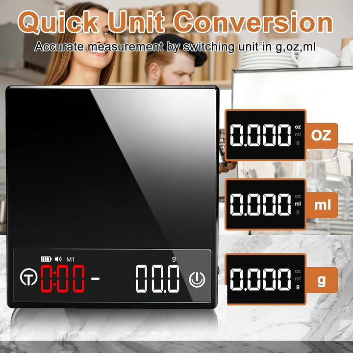 Kaffee Waage mit Timer, Espresso Waage 2kg/0,1g Präzisionswaage, Wiederaufladbare Küchenwaage mit LE