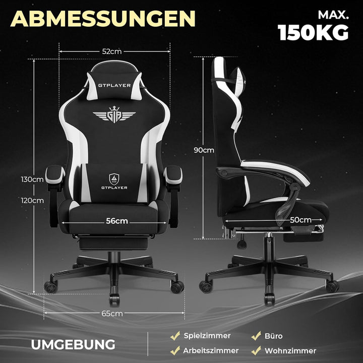 GTPLAYER Gaming Stuhl, Ergonomischer Gamer Stuhl aus Stoff mit Lendenwirbelstütze, PC-Stuhl mit verb