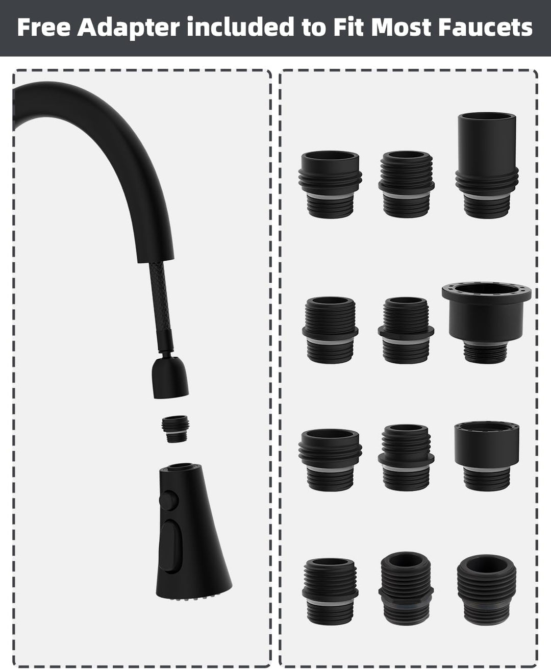 Hibbent Pull Down Küchenarmatur Sprühkopf Ersatz, 3-Funktionen Küche Spüle Sprühdüse mit 15 Adaptern