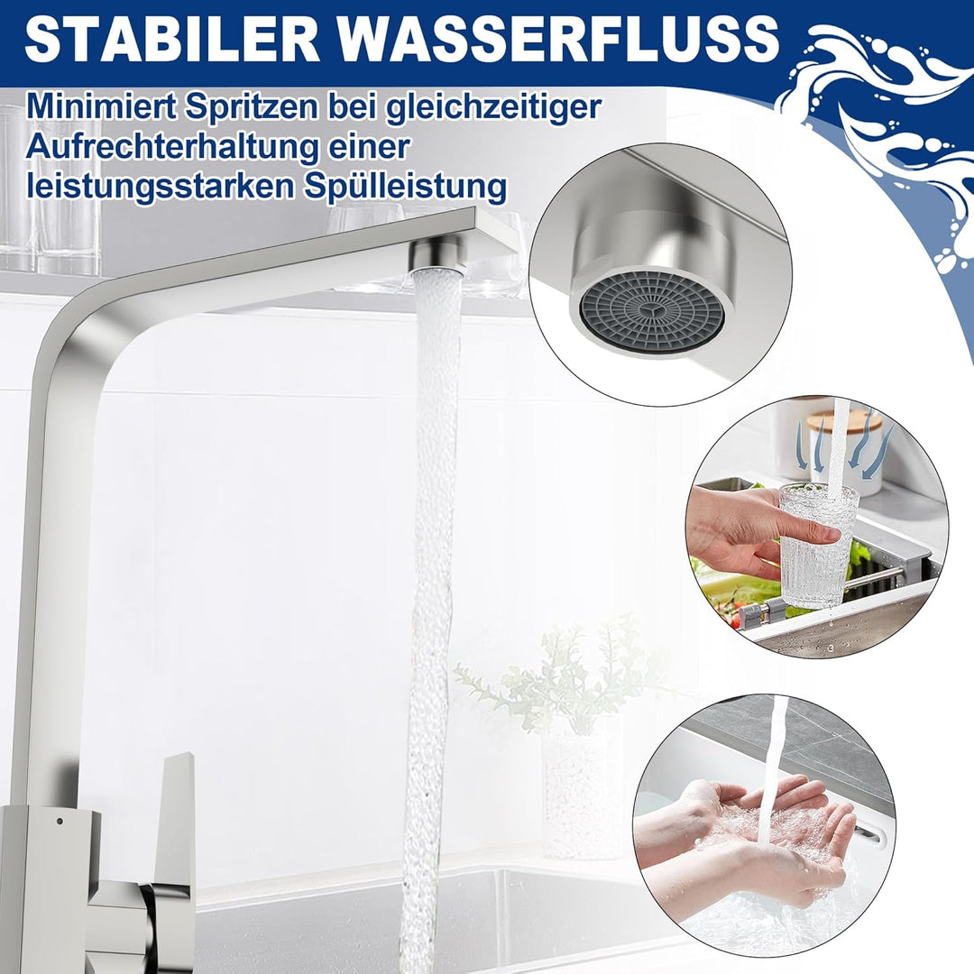 FIVMEN Wasserhahn Küche Silber Küchenarmatur mit Hohem Auslauf Spülenarmatur Mischbatterie Küche 360