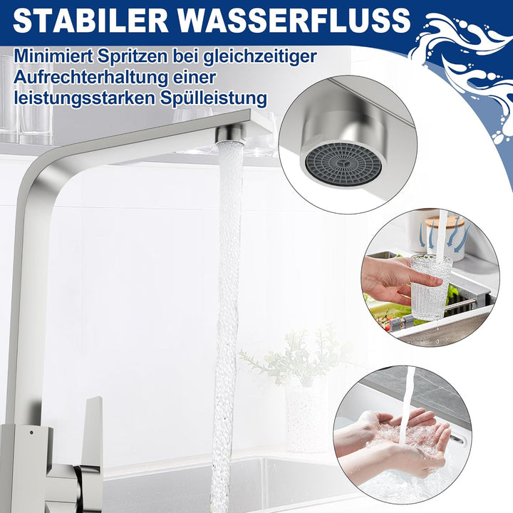 FIVMEN Wasserhahn Küche Silber Küchenarmatur mit Hohem Auslauf Spülenarmatur Mischbatterie Küche 360