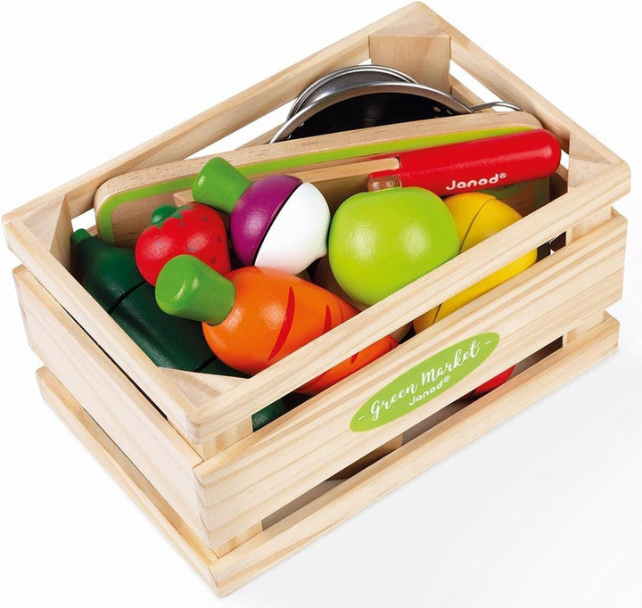 Janod - Holz Obst und Gemüse Spielset ‘Green Market’ - Marktkiste mit 9 Obst- und Gemüsesorten mit H