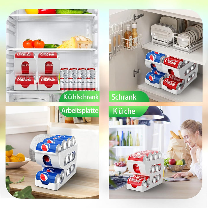 2 Packung Kühlschrank-Dosenspender, Dosenregal, stabiler weisser rollender Kunststoff-Dosenhalter, G
