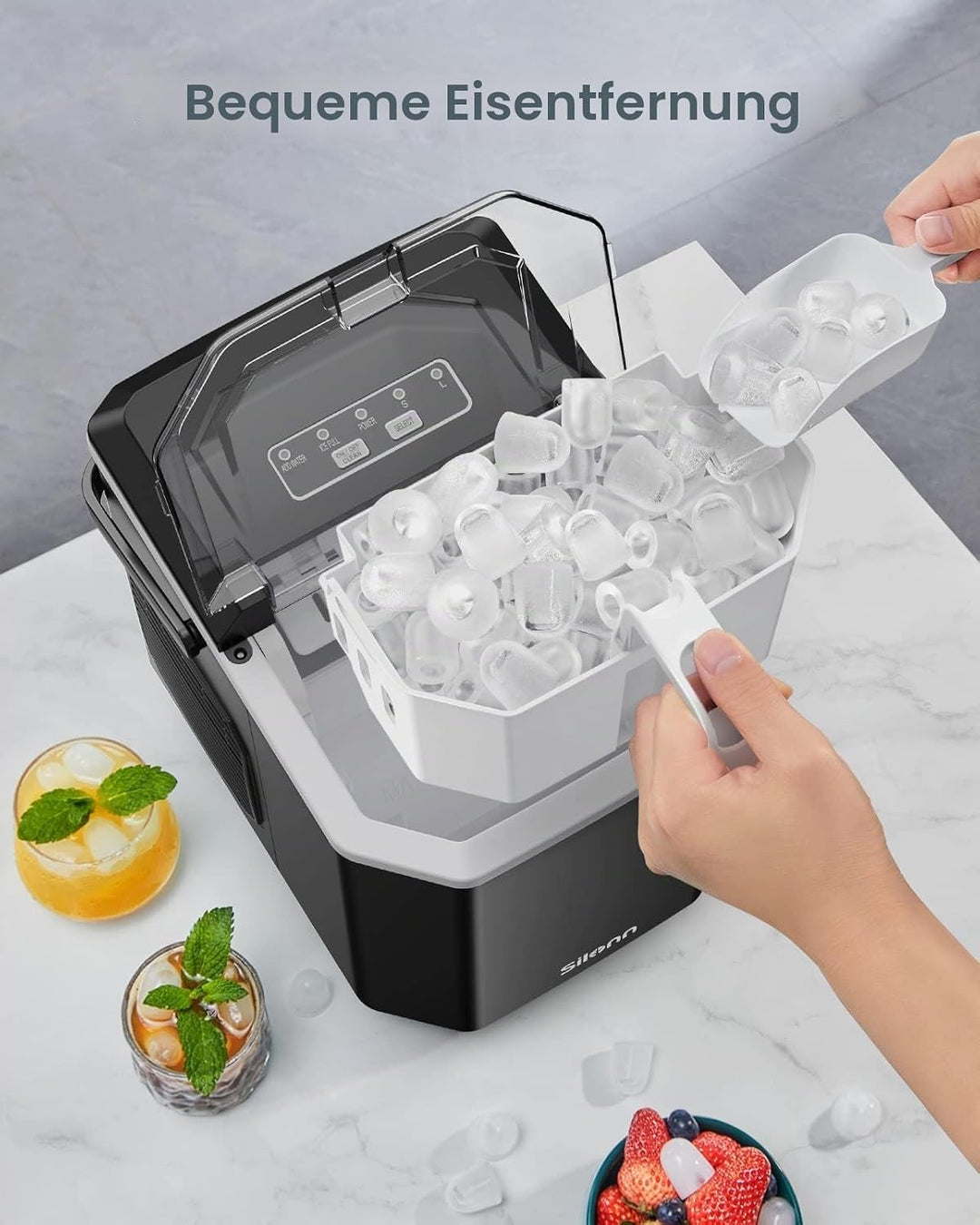 Silonn Eiswürfelmaschine mit Tragegriff &amp; Eiskorb, Mini Ice Maker mit Selbstreinigung, 9 Eiswürfel i