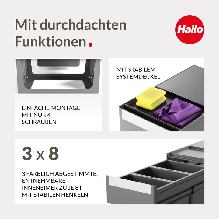 Hailo Abfallsammler 3666921 | Terzett 3x 8 Liter | für Unterschränke ab 40 cm | Teleskopauszug per H