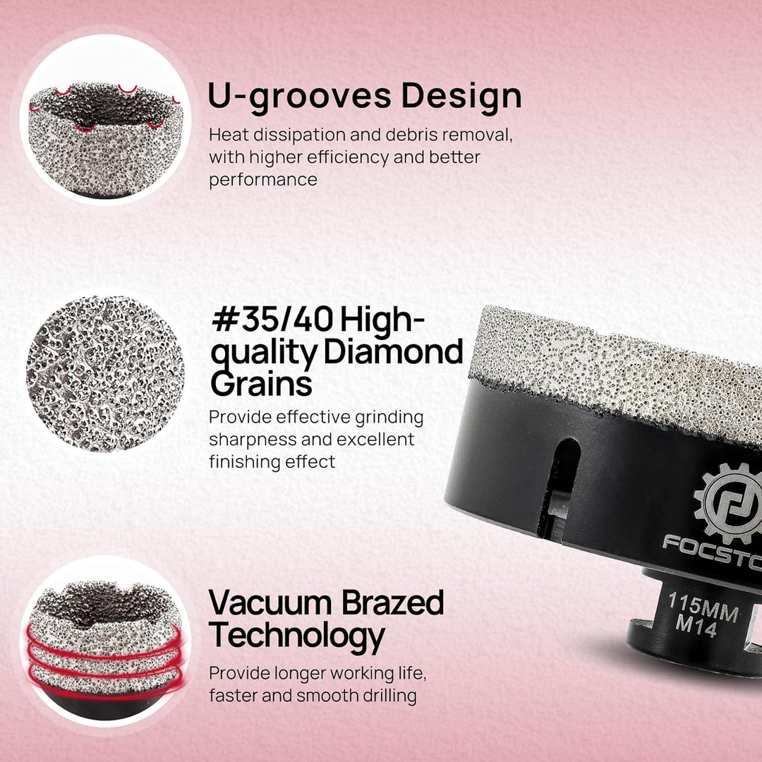 FOCSTOL Diamant Fliesenbohrer 115mm Vakuumgelötete Diamant Lochsäge für Porzellan Keramik Fliese Mar