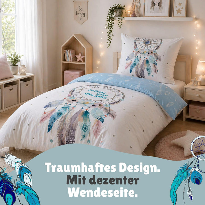 Familando Moderne Wende Bettwäsche-Set 135 x 200 cm 80 x 80 cm mit Traumfänger 100% Baumwolle Dream-