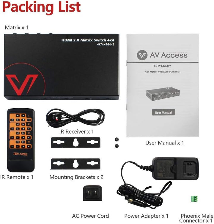 AV Access 4x4 HDMI Matrix Splitter, 4K@60Hz mit HDR Dolby Vision, Audio Extraction SPDIF 5.1CH, 4K a