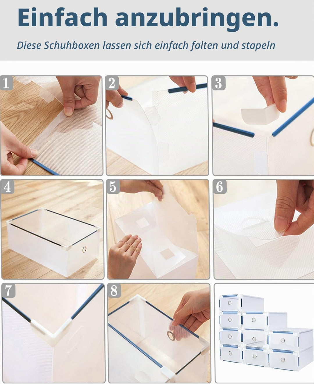 10er Set Schuhboxen - Stapelbare Schuh Organizer aus transparentem Kunststoff mit Schubladen - DIY S