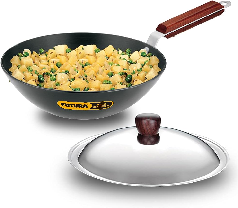 Futura Hard eloxiert deep-fry Pan (Kadhai) mit Stahl Deckel und flacher Boden 2.5L, 2.5L