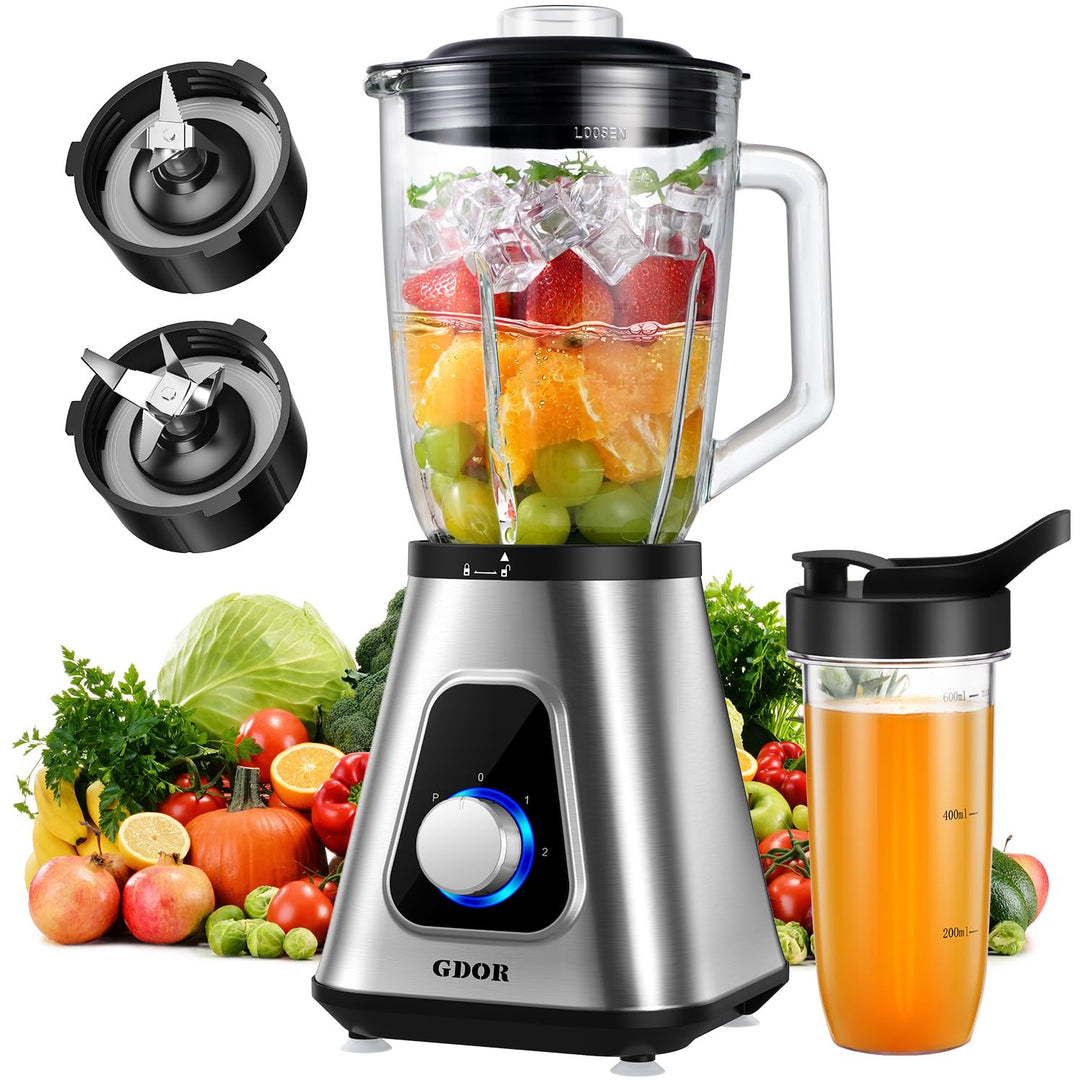 GDOR Standmixer 1100W, Mixer Smoothie Maker mit 1,5L Glaskrug und 650ml Reisebecher Professionell Ho