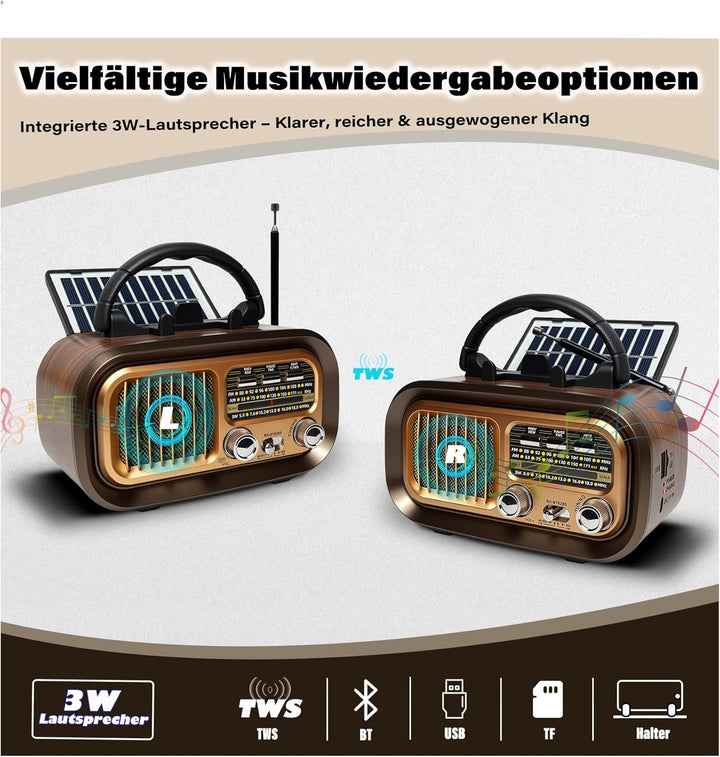 Retro Radio mit mit Solarzelle, AM/FM/SW Klein Radio Batteriebetrieben und Küchenausführung 1200mAh