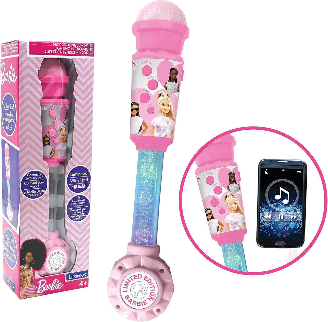 Lexibook, Barbie-Leuchtmikrofon für Kinder, Musikspielzeug, eingebauter Lautsprecher, Leuchteffekte,