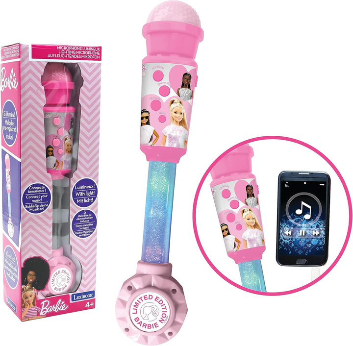 Lexibook, Barbie-Leuchtmikrofon für Kinder, Musikspielzeug, eingebauter Lautsprecher, Leuchteffekte,