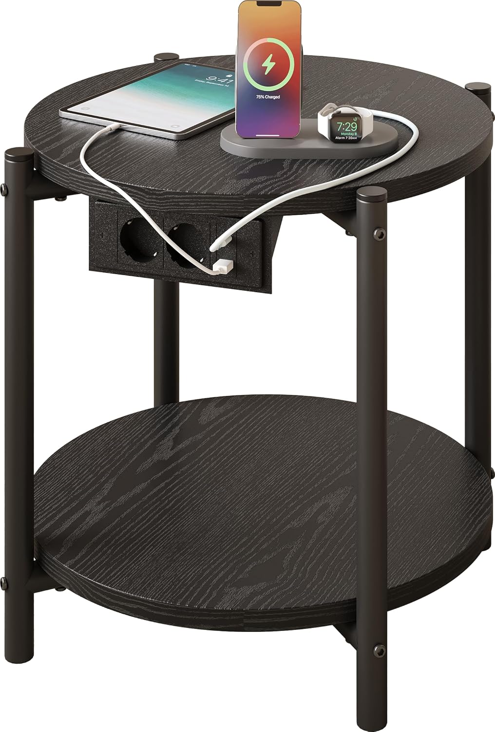 IRONCK Beistelltisch rund, Couchtisch mit Steckdose, Kleiner Tisch Holz, Wohnzimmertisch 2 Ablagen,S