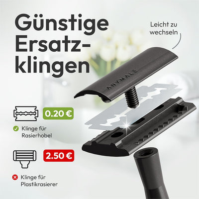 ANYMALE® Rasierhobel Black Edition - Set mit Ständer und 5 ASTRA Klingen - Zero Waste Rasierer für D