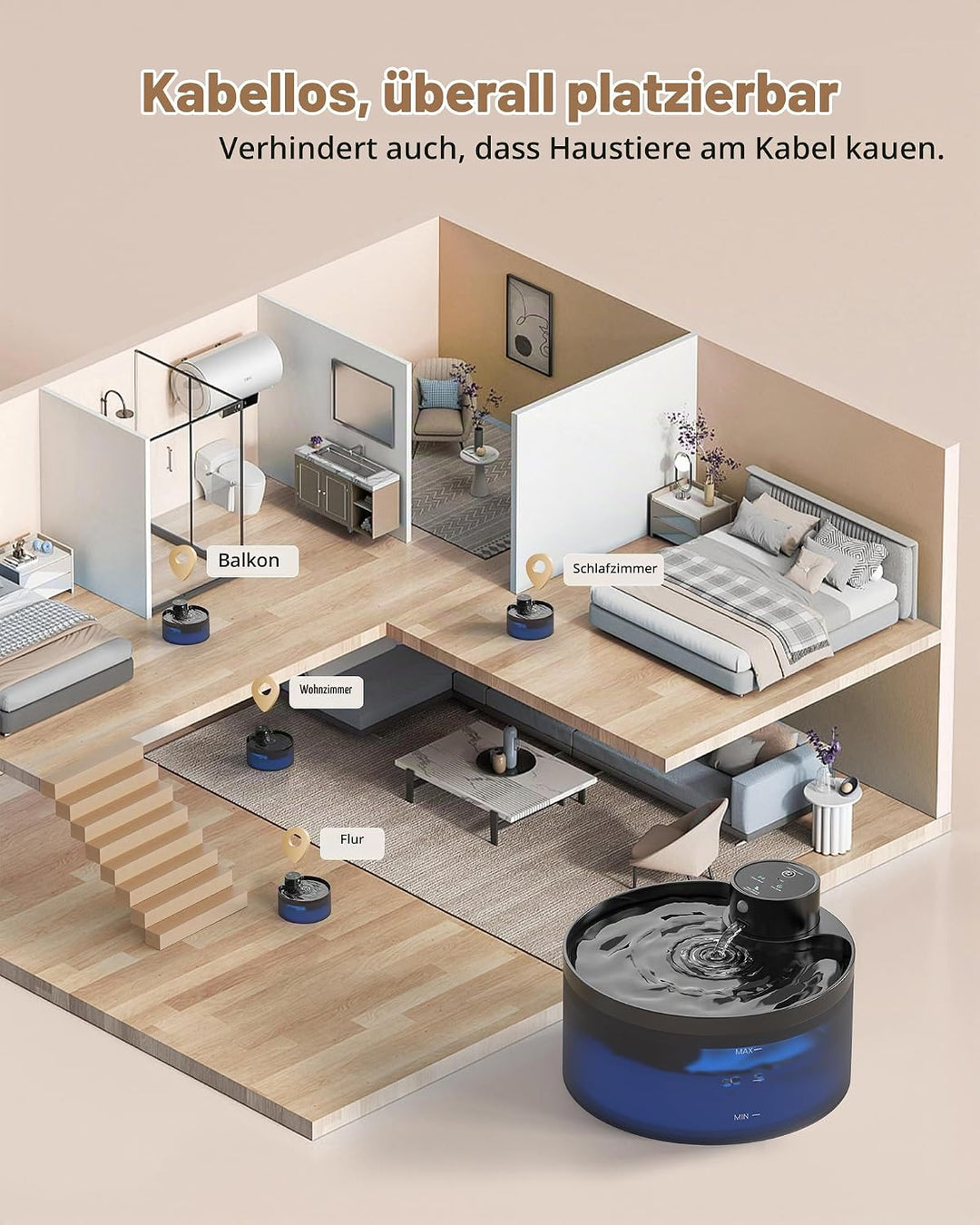 Katzenbrunnen Kabellos - Akku, 4200 mAh Kapazität, Typ-C-Ladeschnittstelle, 30 Tage für Induktionsmo