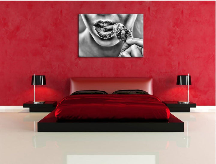 Pixxprint Erdbeere Zucker Lippen als Leinwandbild/Grösse: 100x70 cm/Wandbild/Kunstdruck/fertig bespa