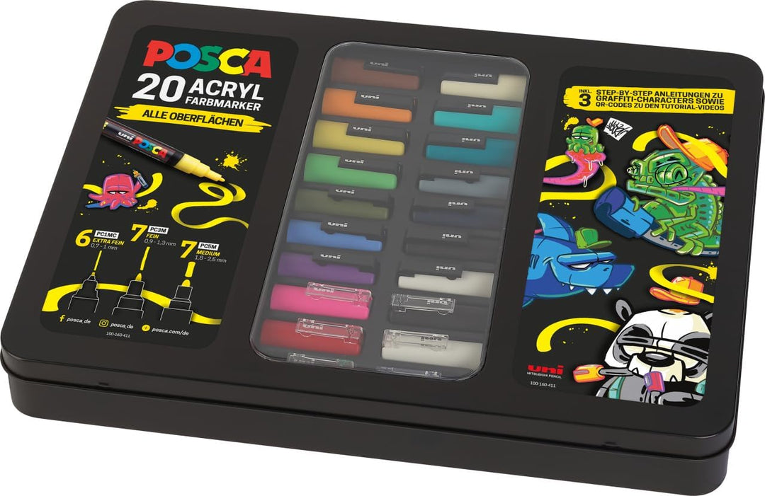 POSCA - Acrylmarker Set 20 Farben mit Metallkoffer & Anleitungen | Marker mit PC-1MC, PC-3M & PC-5M