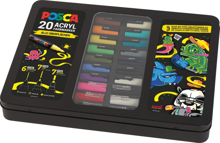 POSCA - Acrylmarker Set 20 Farben mit Metallkoffer & Anleitungen | Marker mit PC-1MC, PC-3M & PC-5M