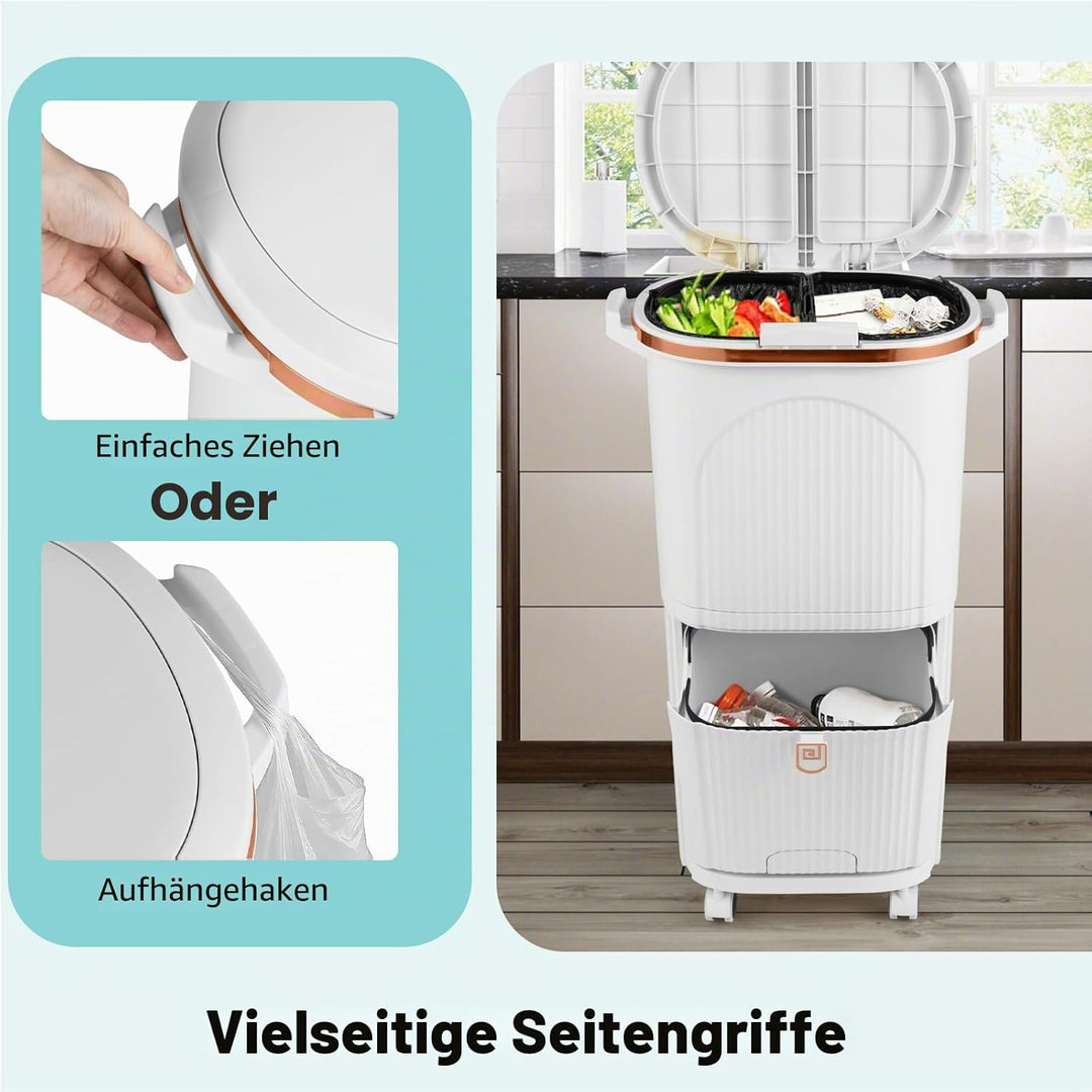 LIFEZEAL 38L / 42L Mülleimer auf Rädern, Abfalleimer mit 3 Fächern & Deckel, Tretmülleimer mit Griff