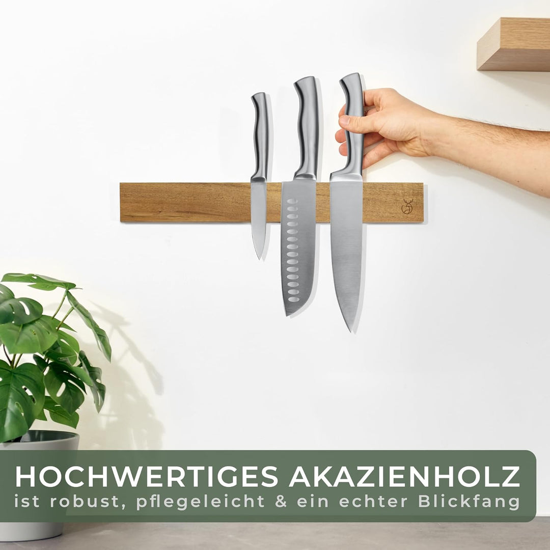 WALDWERK Magnetleiste Messer (40x5cm) - Magnetleiste aus edlem Akazienholz - Messerhalter magnetisch