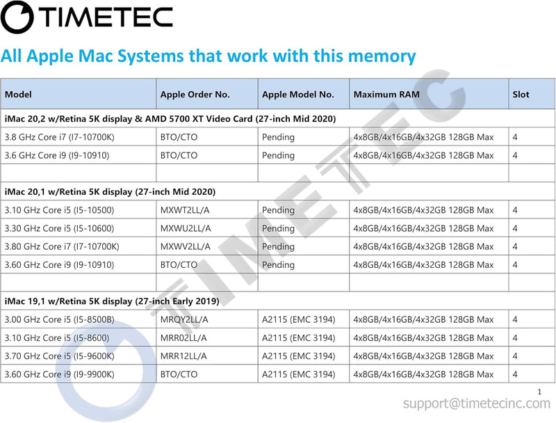 Timetec 8GB kompatibel für Apple DDR4 2666MHz für Mitte 2020 iMac20,1/20,2/Mitte 2019 iMac19,1 27 Zo