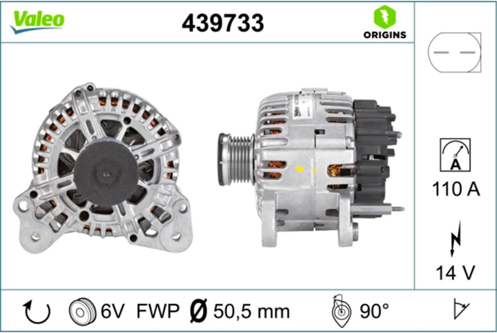 VALEO 439733 Generator Ladestrom des Generators: 110 Amp Rippen: 6 rippen Riemenscheibe Ø: 50,5 mm S