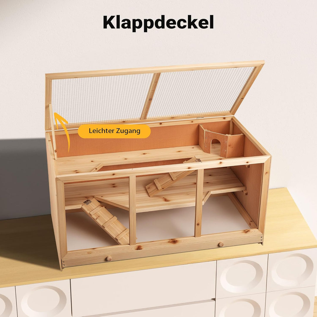 Wiltec XXL 3 Etagen Nagerkäfig, 4-eckig, 1150 x 600 x 580 mm, aus Holz, mit klappbarem Deckel & Sich