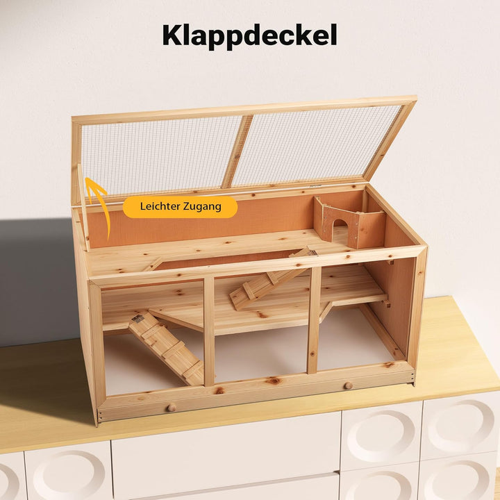 Wiltec XXL 3 Etagen Nagerkäfig, 4-eckig, 1150 x 600 x 580 mm, aus Holz, mit klappbarem Deckel & Sich