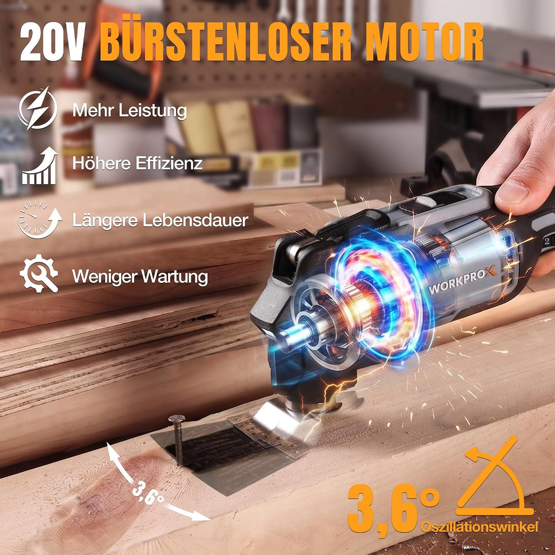 WORKPROX 20V Bürstenloser Oszillationswerkzeug Akku mit Tasche | 6 Einstellbare Geschwindigkeiten, M