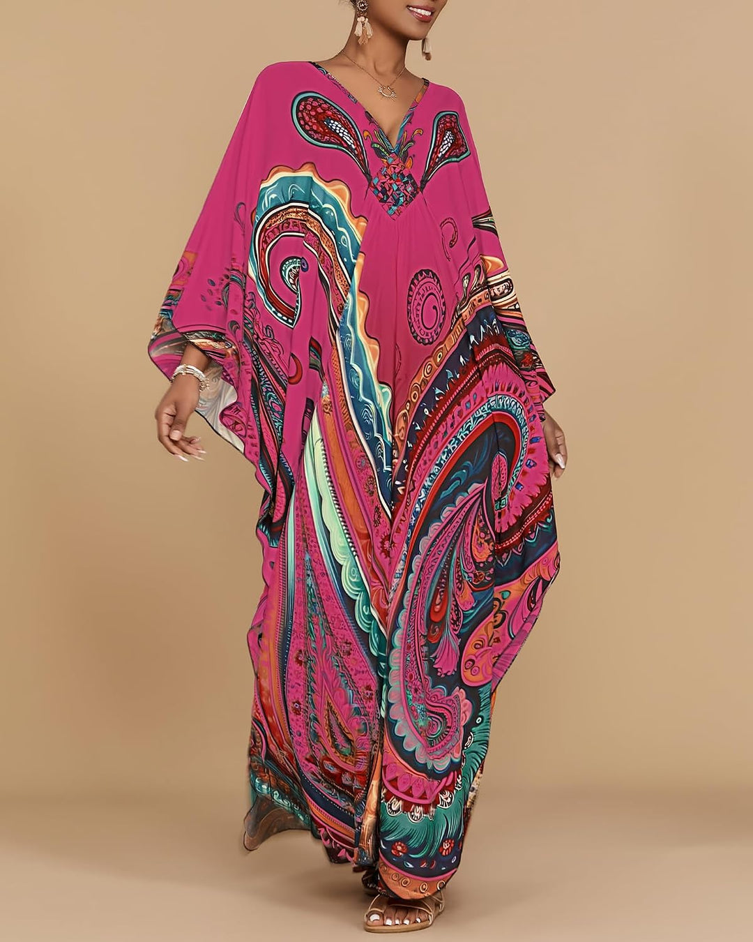 Bsubseach Damen Kaftan Kleider Batwing Sleeve Strandkleid V-Ausschnitt Caftan Maxi Kleid Sommer A-Ro