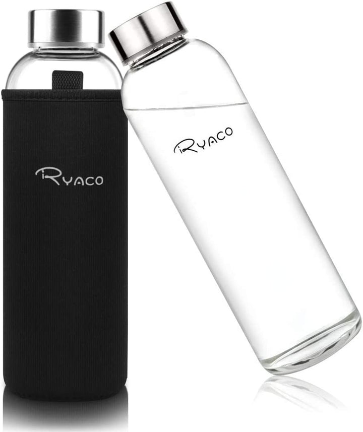 Ryaco Trinkflasche aus Glas 550ml/750ml/1000ml/1L,Glasflasche mit Neoprenhülle,Glastrinkflasche mit