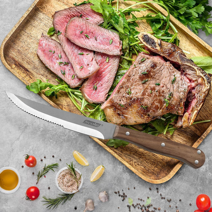 SCOLE® Steakmesser Set 6-teilig, Küchen Steakbesteck Messer set aus Carbon Edelstahl mit Wellenschli