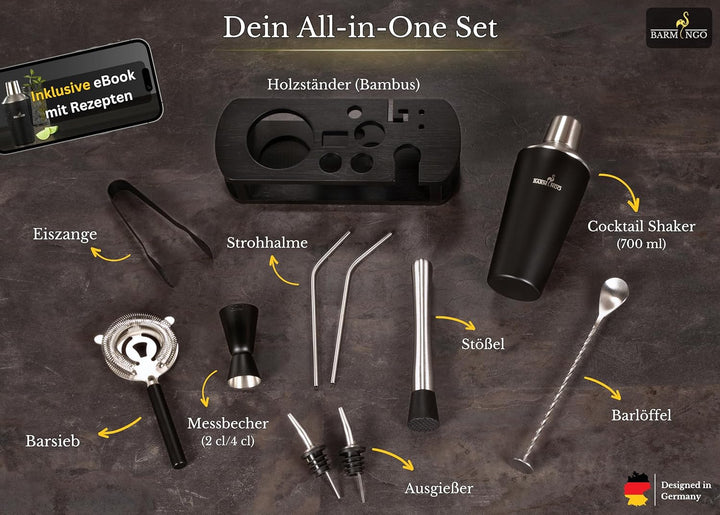 BARMINGO® Edelstahl Cocktail Set 11tlg. – 700 ml Cocktail Shaker Set mit Ständer und Bar Zubehör, Co