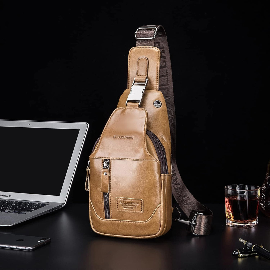 LOONGYOON Herrenbrusttasche aus Leder Umhängetasche mit Kopfhöreröffnung Studie über Sportreisen Mul