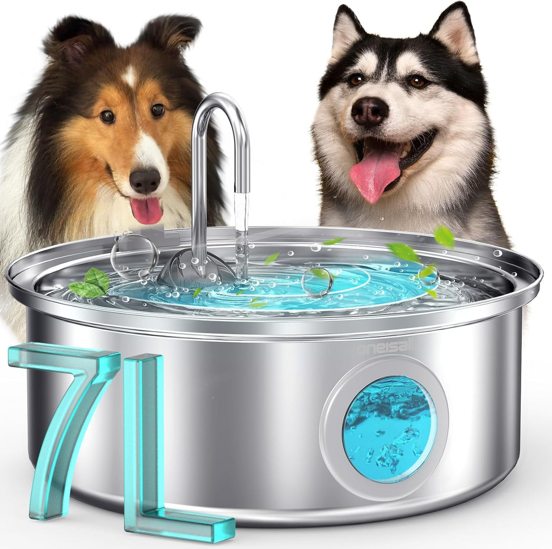 oneisall 7L Trinkbrunnen für Hunde, Katzenbrunnen für Katzen, Edelstahl Hundebrunnen mit LED-Licht,