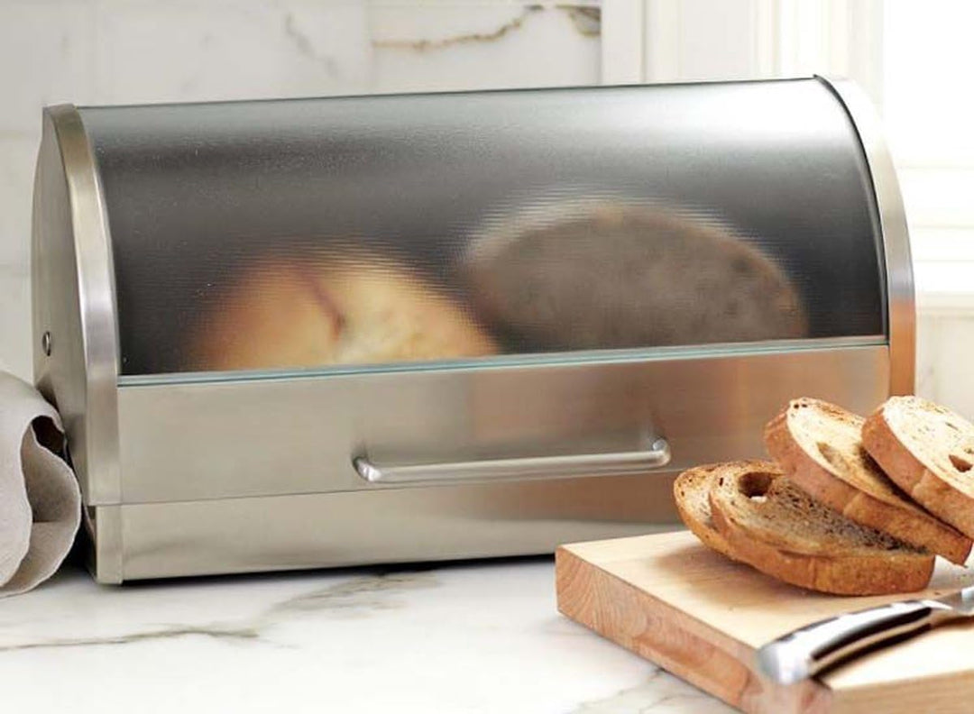 Michelino Edelstahl Brotkasten 39,5 x 24 x 21 cm Brotkiste (Glas-Transparent), Glas-transparent
