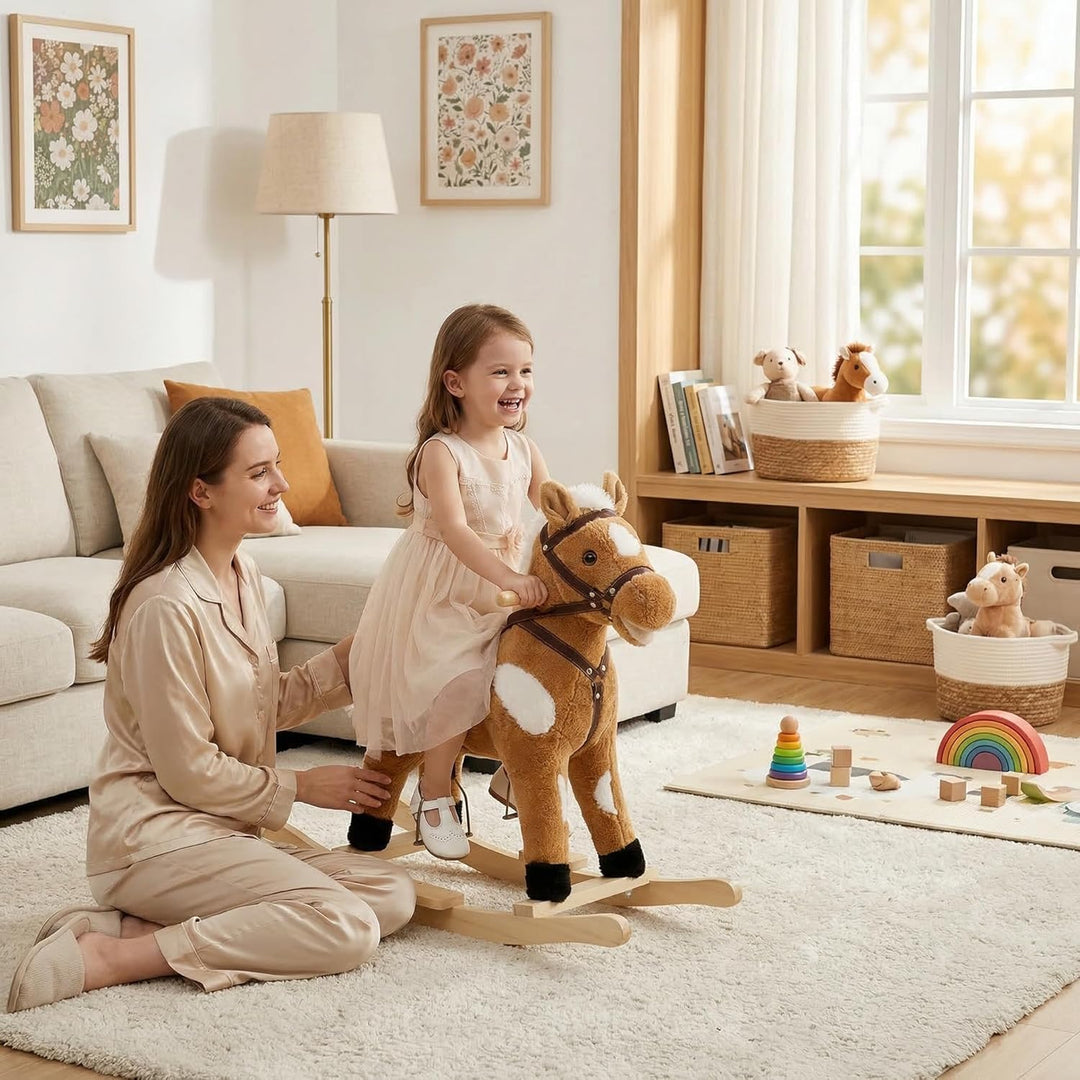 WOLTU Schaukelpferd für Babys, Spielzeug mit Tiergeräuschen und Haltegriffen, aus Plüsch und PP-Baum