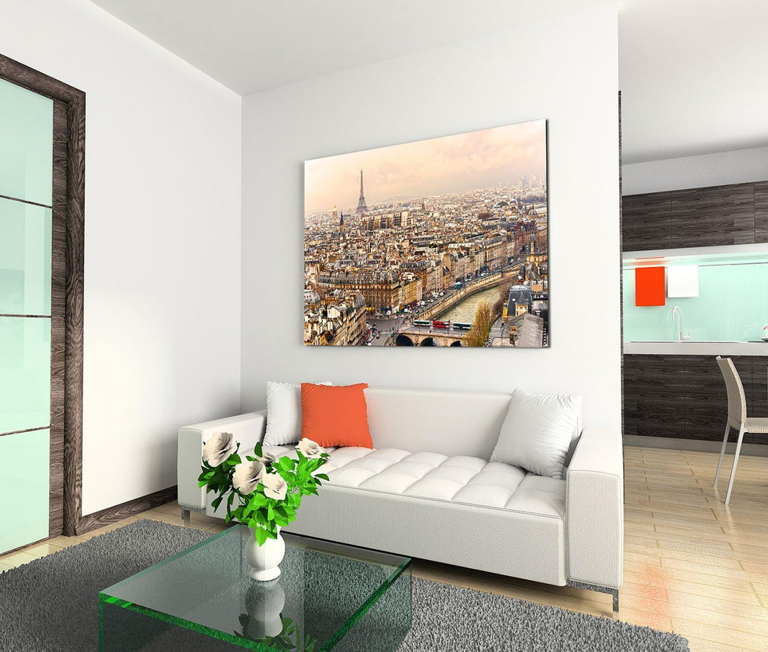 120x80cm Leinwandbild auf Keilrahmen Paris Stadt Häuser Seine Eiffelturm Wandbild auf Leinwand als P