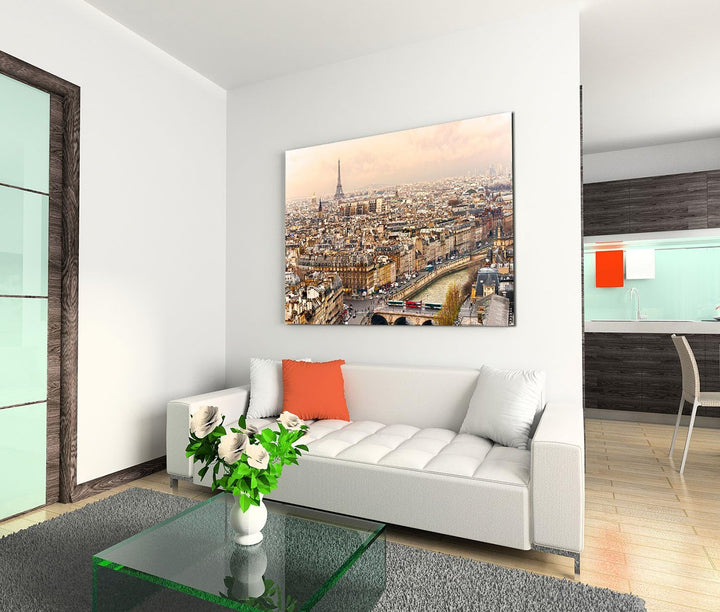 120x80cm Leinwandbild auf Keilrahmen Paris Stadt Häuser Seine Eiffelturm Wandbild auf Leinwand als P