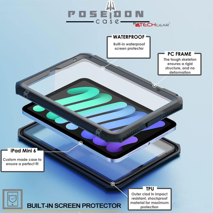 TECHGEAR wasserdichte Hülle für iPad Mini 6 2021 6. Generation (Poseidon Case) Schlanke Robuste Rüst