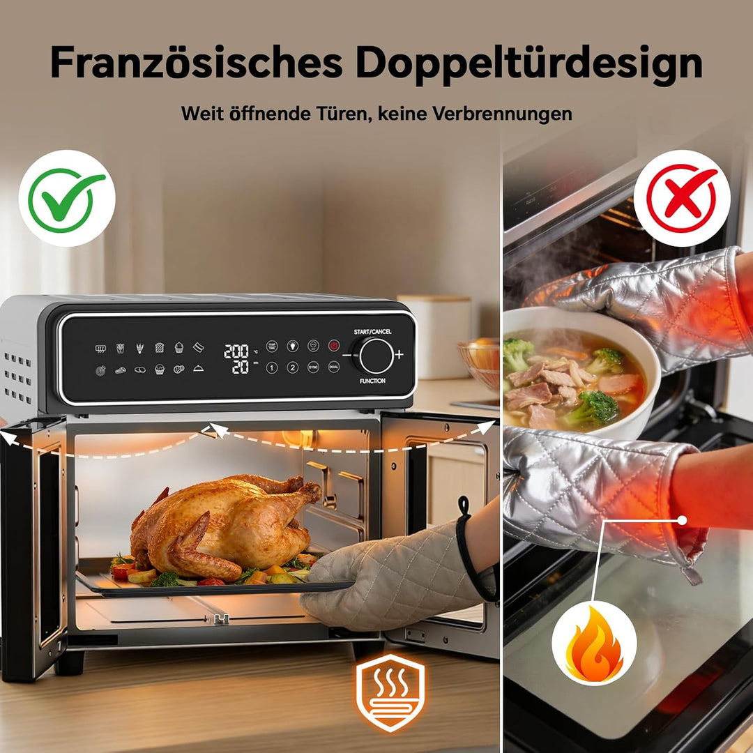 Emphsism Heissluftfritteuse XXL 23L - Mini Backofen Variable Flex-Zone, French Door Airfryer 2 Kamme