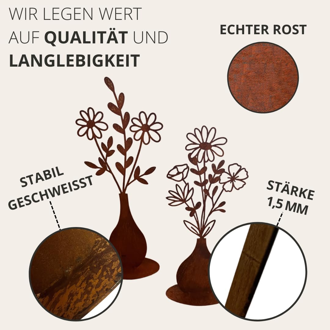 Terma Stahldesign Rost Figur Set Blumenstrauss in Vase 50cm Gartendeko für draussen und drinnen Gart