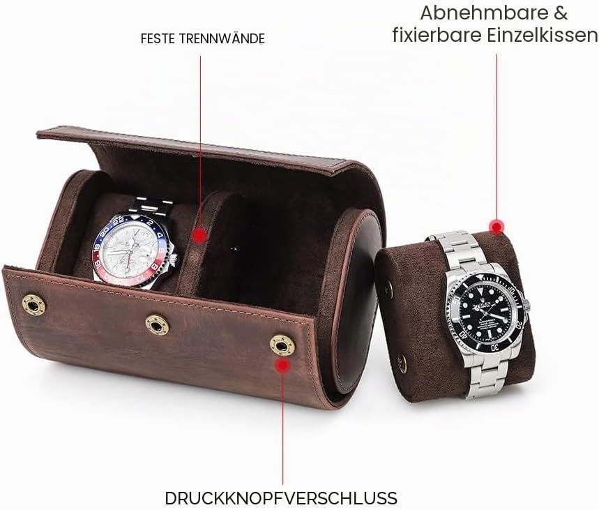 Hiram Uhrenkoffer aus echtem Leder für 2 Uhren, handgefertigt, aus echtem Leder, Reiseuhr, schützend