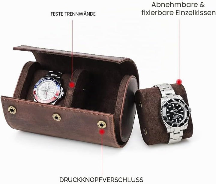 Hiram Uhrenkoffer aus echtem Leder für 2 Uhren, handgefertigt, aus echtem Leder, Reiseuhr, schützend