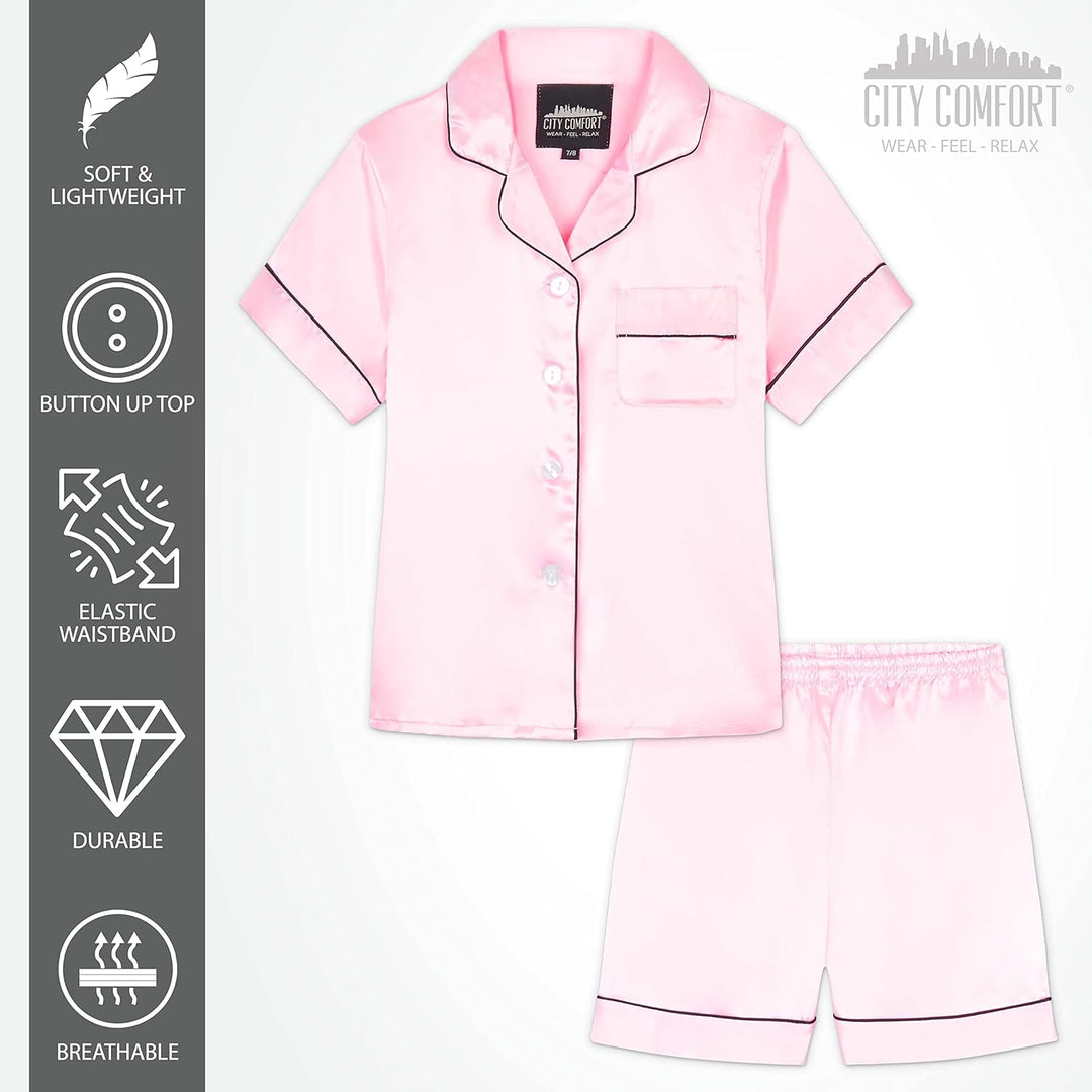 CityComfort Schlafanzug Mädchen Kurz Satin Pyjama Kinder Schlafanzug Teenager Weiche Atmungsaktive S