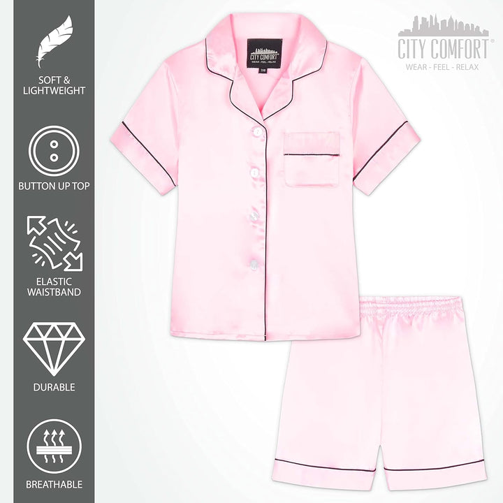 CityComfort Schlafanzug Mädchen Kurz Satin Pyjama Kinder Schlafanzug Teenager Weiche Atmungsaktive S
