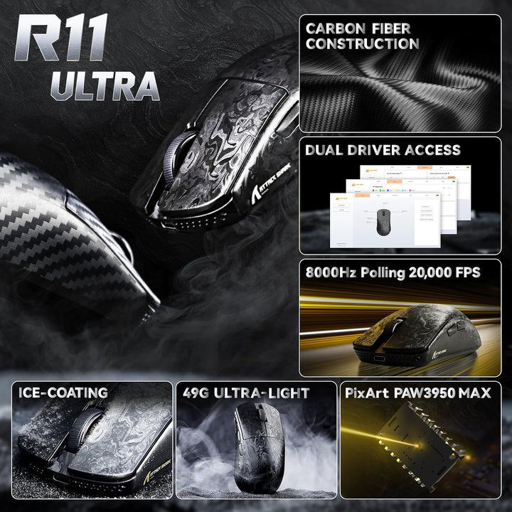 ATTACK SHARK R11 Ultra Carbonfaser 8000Hz Kabellose Gaming-Maus, 49g Superlight, 42000 DPI, 20000 FP